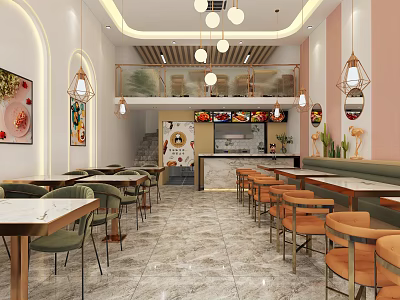 Bright Modern Restaurant Interior With Tables Chairs Hanging Lights Decorative Paintings And Counter 3d model