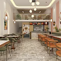 Bright Modern Restaurant Interior With Tables Chairs Hanging Lights Decorative Paintings And Counter