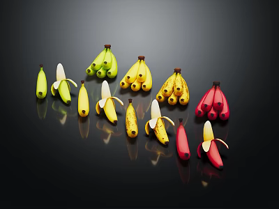 Assorted Colorful Bananas Green Yellow Red Peeled And Unpeeled On Black Background 3d model