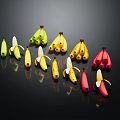 Assorted Colorful Bananas Green Yellow Red Peeled And Unpeeled On Black Background