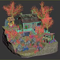 Cartoon Scene With Stone House Surrounded By Trees Small Shed Bicycle And Rocks