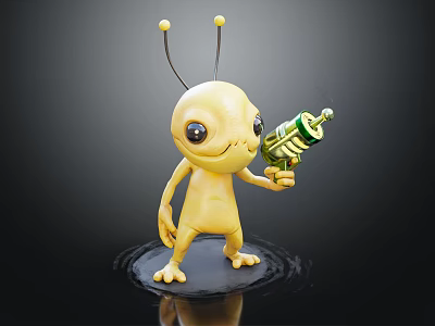 Yellow Creature With Antennae And Big Eyes Holding Green Bottle On Rippling Water Background 3d model