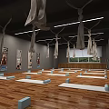 Yoga Fitness Studio With Wooden Floor Mats Blocks Aerial Hammocks And Exercise Posters