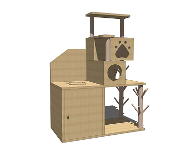 Wooden Cat Tree Furniture with Platforms Scratching Post and Cozy House 3d model
