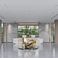Elegant Modern Hotel Lobby Interior With Marble Walls Golden Sculpture And Floor to Ceiling Windows