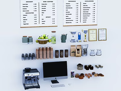Decorative Ornament Set with Menu Boards Trophies Certificates and Coffee Accessories 3d model