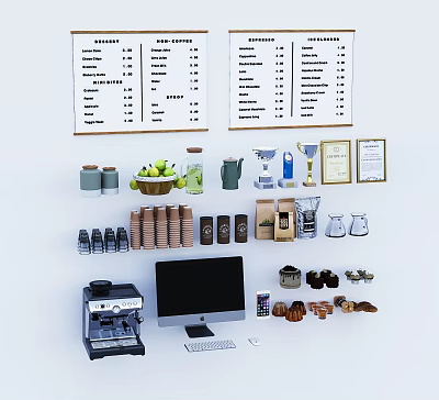 Decorative Ornament Set with Menu Boards Trophies Certificates and Coffee Accessories 3d model