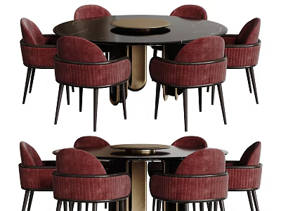 Modern Round Dining Table Set With Black Tabletop And Red Velvet Chairs 3d model