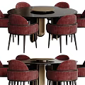 Modern Round Dining Table Set With Black Tabletop And Red Velvet Chairs