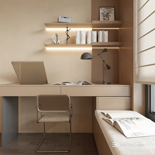 Modern Wooden Vanity Table with LED Light Shelves and Dressing Chair by Window 3d model 