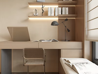 Modern Wooden Vanity Table with LED Light Shelves and Dressing Chair by Window 3d model