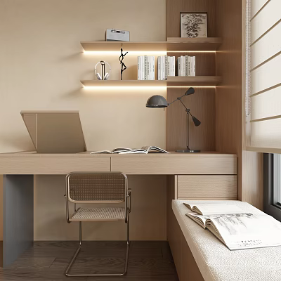 Modern Wooden Vanity Table with LED Light Shelves and Dressing Chair by Window 3d model