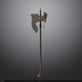 Medieval Battle Axe With Wooden Handle And Decorative Metal Blade Red Accents