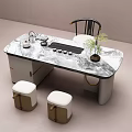 Modern Tea Table and Chairs with Marble Top Tea Set Small Plant and Stools 3d model