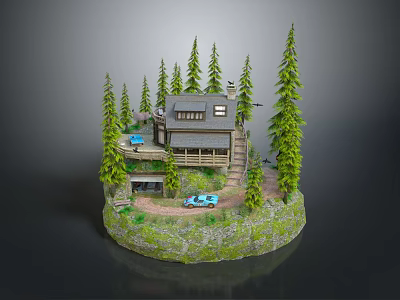 Log Cabin Architecture Surrounded By Pine Trees With Driveway And Cars On Rocky Base 3d model