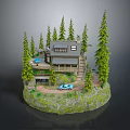 Log Cabin Architecture Surrounded By Pine Trees With Driveway And Cars On Rocky Base