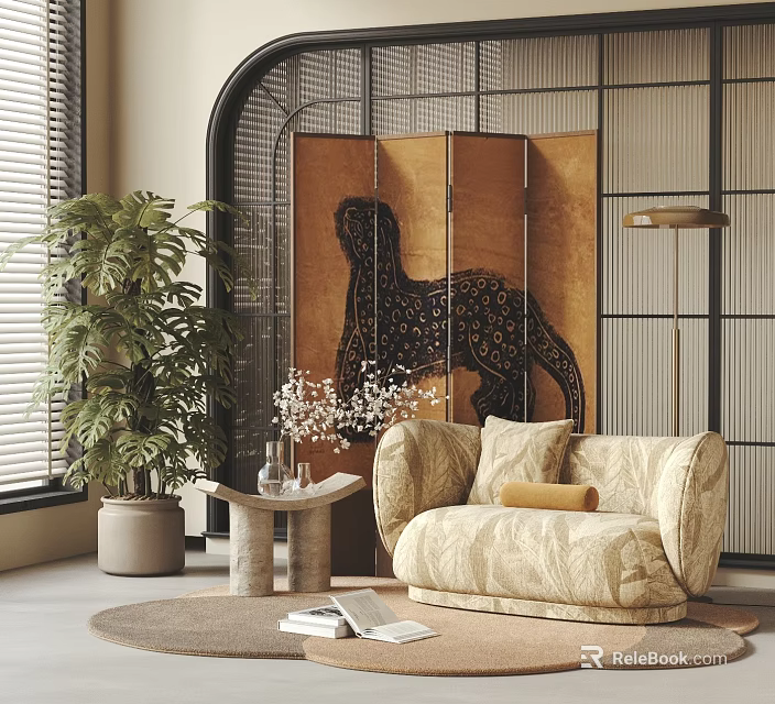 Cream Colored Soft Patterned Upholstered Single Sofa For Cozy Warm Retro Living Room Decoration 3d model 