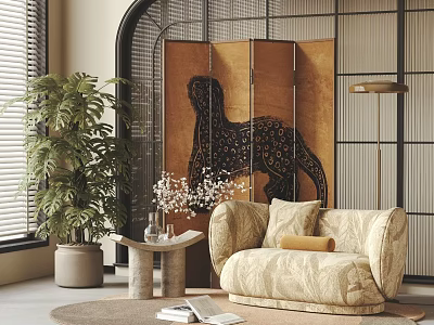 Cream Colored Soft Patterned Upholstered Single Sofa For Cozy Warm Retro Living Room Decoration 3d model