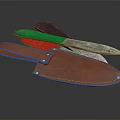 Multi Colored Handle Knives With Metal Blades And Brown Leather Sheath