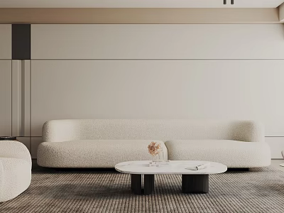 Modern Living Room Interior with Beige Curved Sofa Round Coffee Table and Patterned Rug 3d model