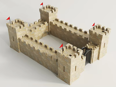 Medieval Castle Model With Stone Walls Towers Red Flags And Gate 3d model