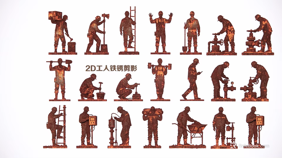2D Cast Iron Worker Silhouettes With Various Construction Poses And Tools 3d model 