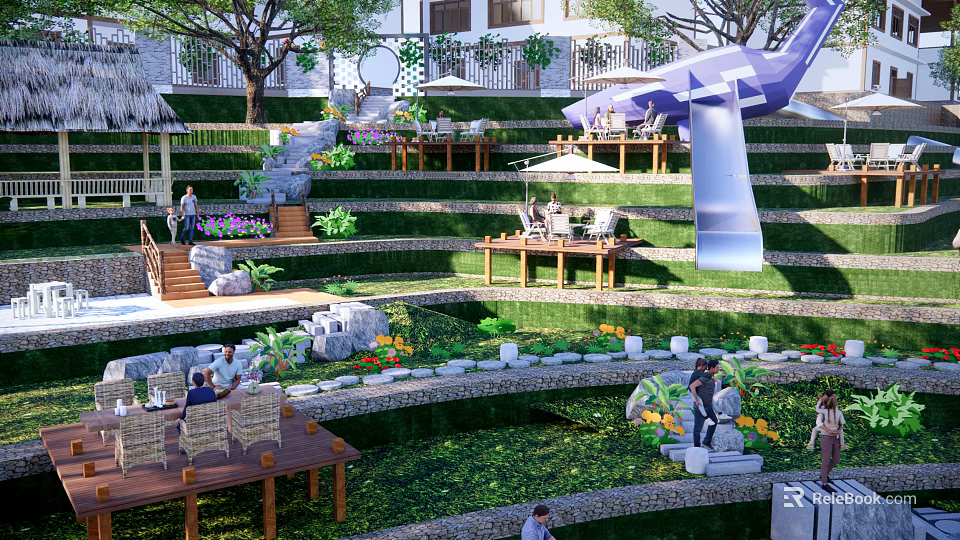 Scenic Park Landscape With Terraced Green Areas Wooden Platforms And Relaxing Seating 3d model 