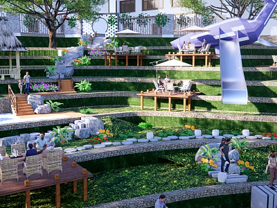 Scenic Park Landscape With Terraced Green Areas Wooden Platforms And Relaxing Seating 3d model