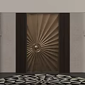 Elegant Double Doors With Radial Design Central Circular Detail And Wall Sconces