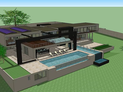 Modern Detached Villa With Swimming Pool Terrace Solar Panels And Green Lawn 3d model