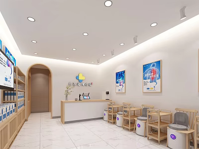 Modern SPA Sauna Reception Area With Comfortable Chairs Decorative Paintings And Display Shelves 3d model