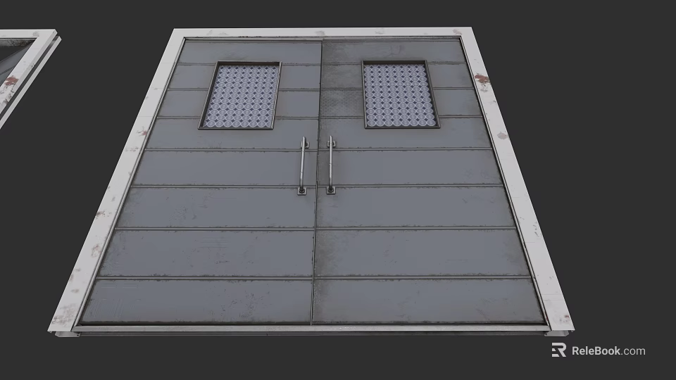 Double Swing Door With Gray Panels And Grid Windows In White Frame 3d model 