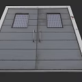 Double Swing Door With Gray Panels And Grid Windows In White Frame