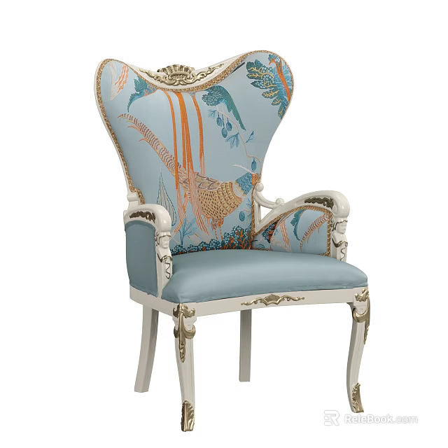 Vintage European Style Dining Chair With Light Blue Upholstered Colorful Bird Pattern And Carved Legs 3d model 