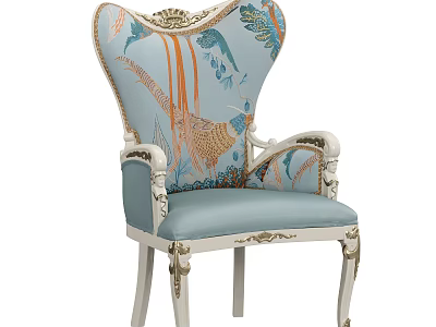 Vintage European Style Dining Chair With Light Blue Upholstered Colorful Bird Pattern And Carved Legs 3d model