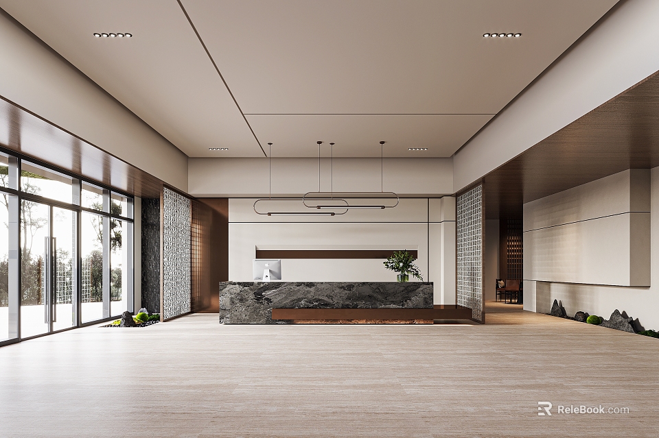 Modern Reception Area Interior Design With Marble Desk And Pendant Lighting 3d model 