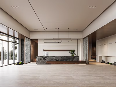 Modern Reception Area Interior Design With Marble Desk And Pendant Lighting 3d model