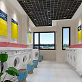 Laundry Room Interior With Washing Machines Pink Sinks Yellow Posters Windows Blue Stools And Plants