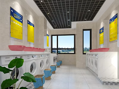 Laundry Room Interior With Washing Machines Pink Sinks Yellow Posters Windows Blue Stools And Plants 3d model