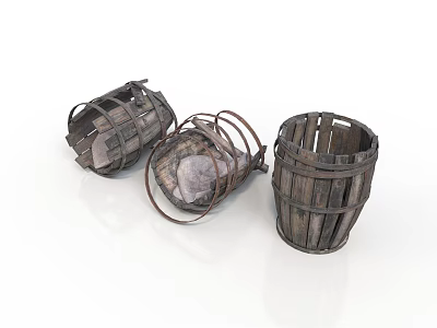 Rustic Vintage Wooden Basket Set Of Three With Metal Rings And Distressed Wood Texture 3d model