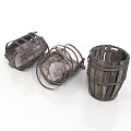 Rustic Vintage Wooden Basket Set Of Three With Metal Rings And Distressed Wood Texture