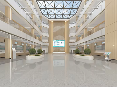 Modern Hospital Lobby Interior With Glass Skylight Digital Screen And Green Plants 3d model