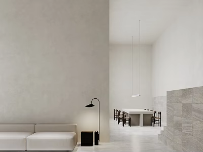 Modern Minimalist Dining and Living Room With Sofa Dining Table Hanging Lights and Concrete Walls 3d model