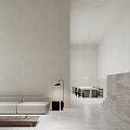 Modern Minimalist Dining and Living Room With Sofa Dining Table Hanging Lights and Concrete Walls