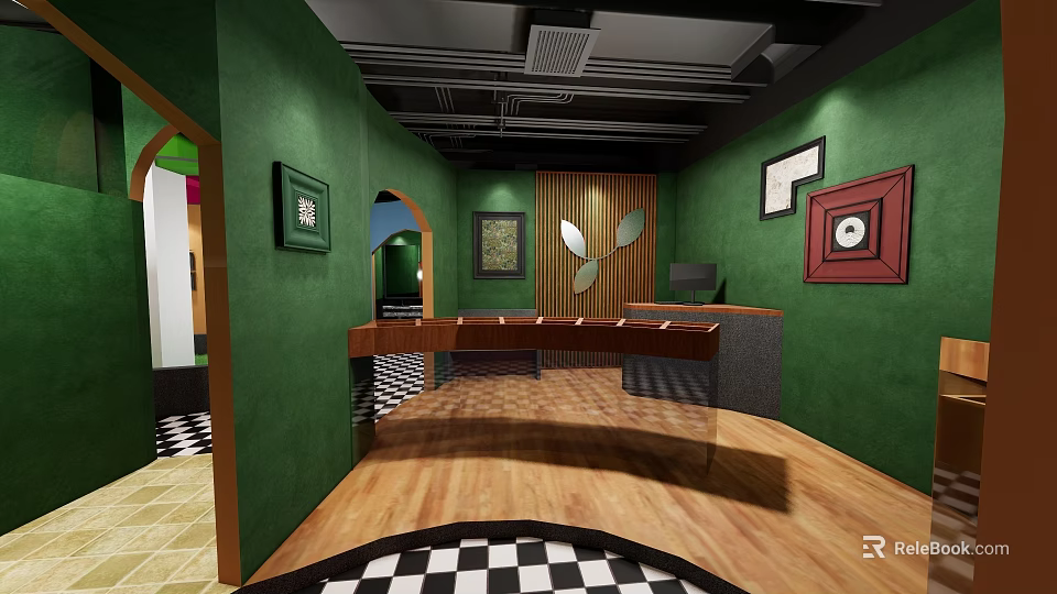 Tea House Interior With Green Walls Wooden Floors Long Table Black Ceiling And Decorative Clock 3d model 