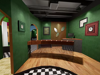 Tea House Interior With Green Walls Wooden Floors Long Table Black Ceiling And Decorative Clock 3d model