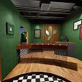 Tea House Interior With Green Walls Wooden Floors Long Table Black Ceiling And Decorative Clock