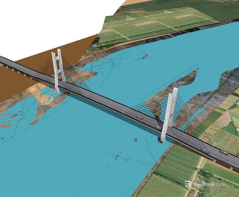 Cable Stayed Bridge Aerial View Over Water With Green Fields And Towers 3d model 