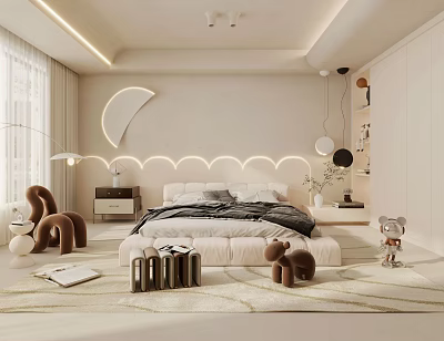 Quiet Bedroom Bedroom Background Wall Bed Sheet Chair Doll Ornaments 3d model