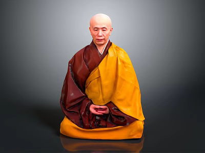 Man in red and yellow traditional robes meditating cross legged with hands clasped 3d model